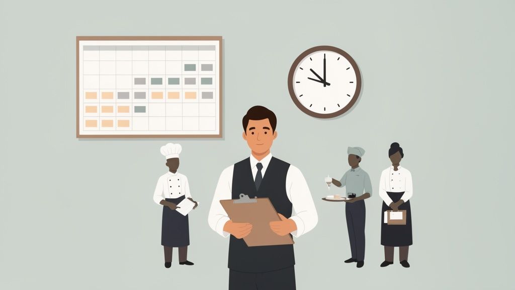 Ein Restaurant-Manager plant Arbeitszeiten mit seinem Team, während eine Uhr und ein Zeitplan sichtbar sind.