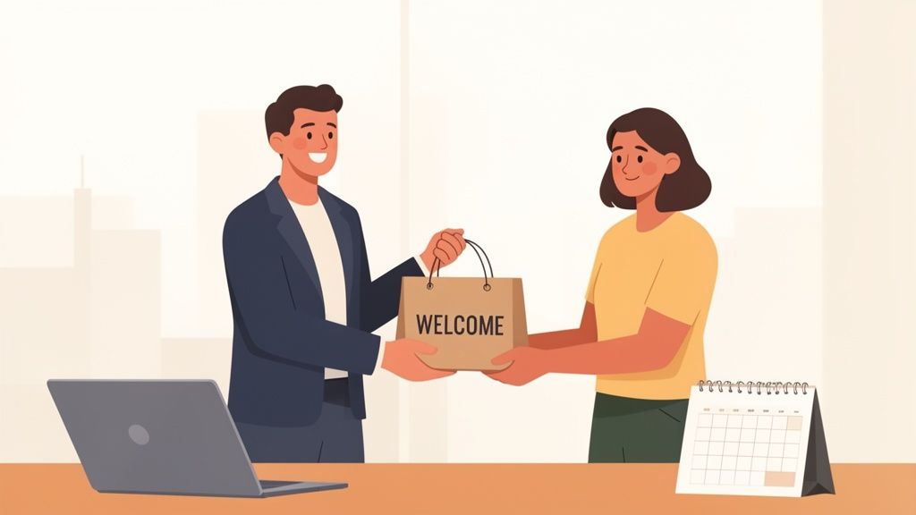 Ein Mann überreicht einer Frau eine Willkommenstüte bei einem Onboarding-Prozess im Büro.