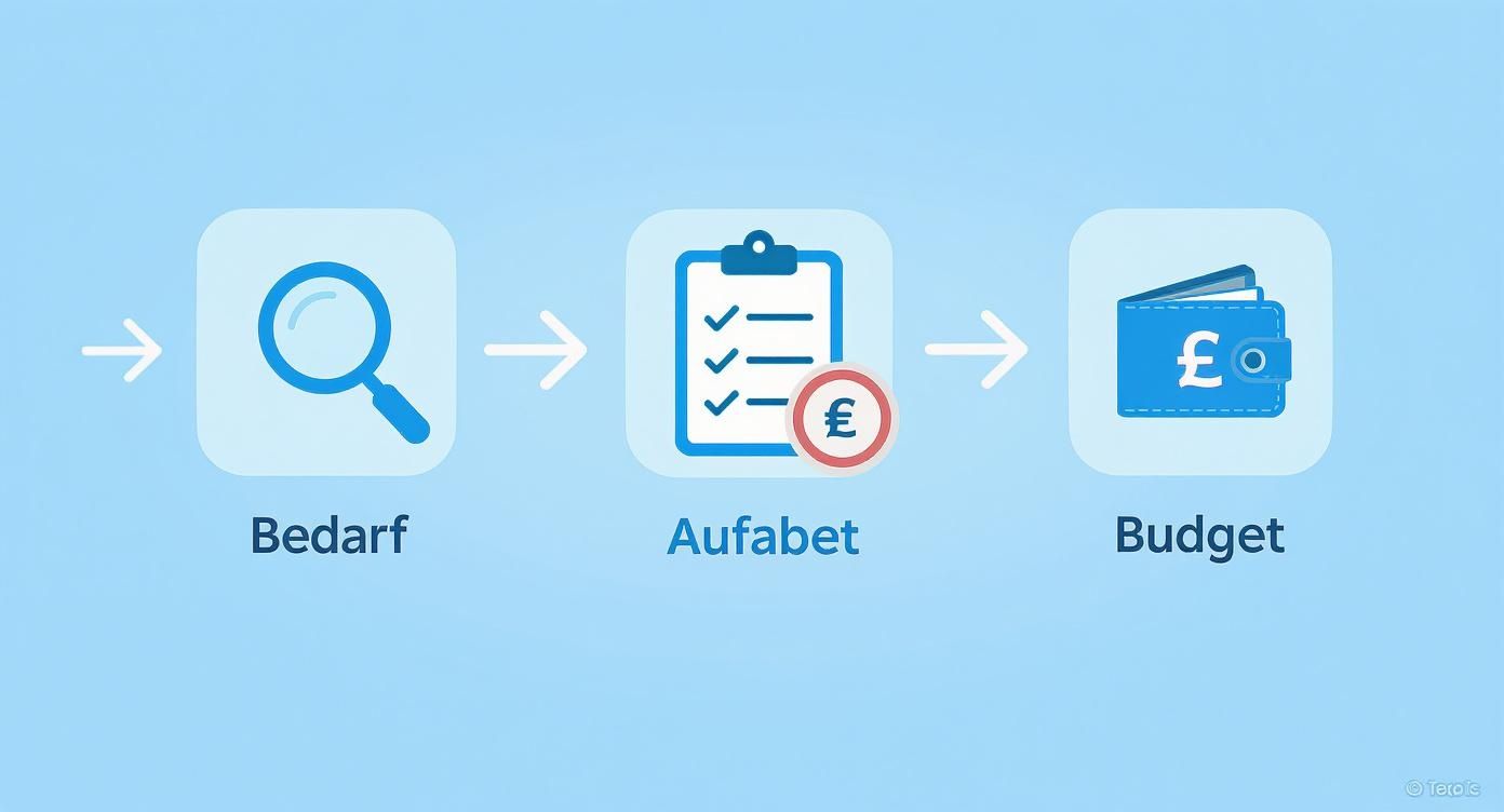 Ein Flussdiagramm zeigt die Schritte Bedarf (Lupe), Aufabet (Checkliste mit Währungssymbol) und Budget (Geldbörse).