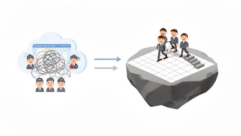 Illustration: Übergang von komplexem Cloud-Datenmanagement zu strukturierten Prozessen mit Team-Fortschritt auf einer Plattform.
