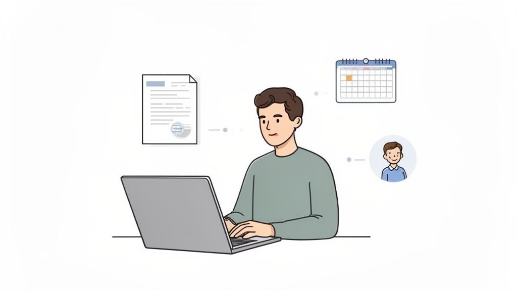Ein Mann am Laptop verwaltet Dokumente und Termine, symbolisierend einen Mitarbeiter-Onboarding-Prozess.