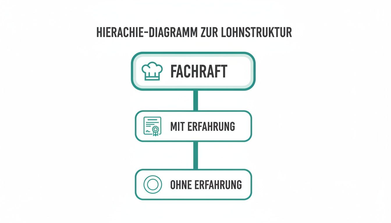 Hierarchie-Diagramm zur Lohnstruktur, das die Gehaltsstufen für Fachkräfte mit und ohne Erfahrung darstellt.