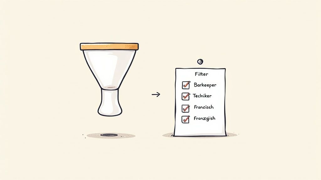 Ein Trichter verwandelt sich in eine Checkliste mit Filteroptionen für Eventpersonal.