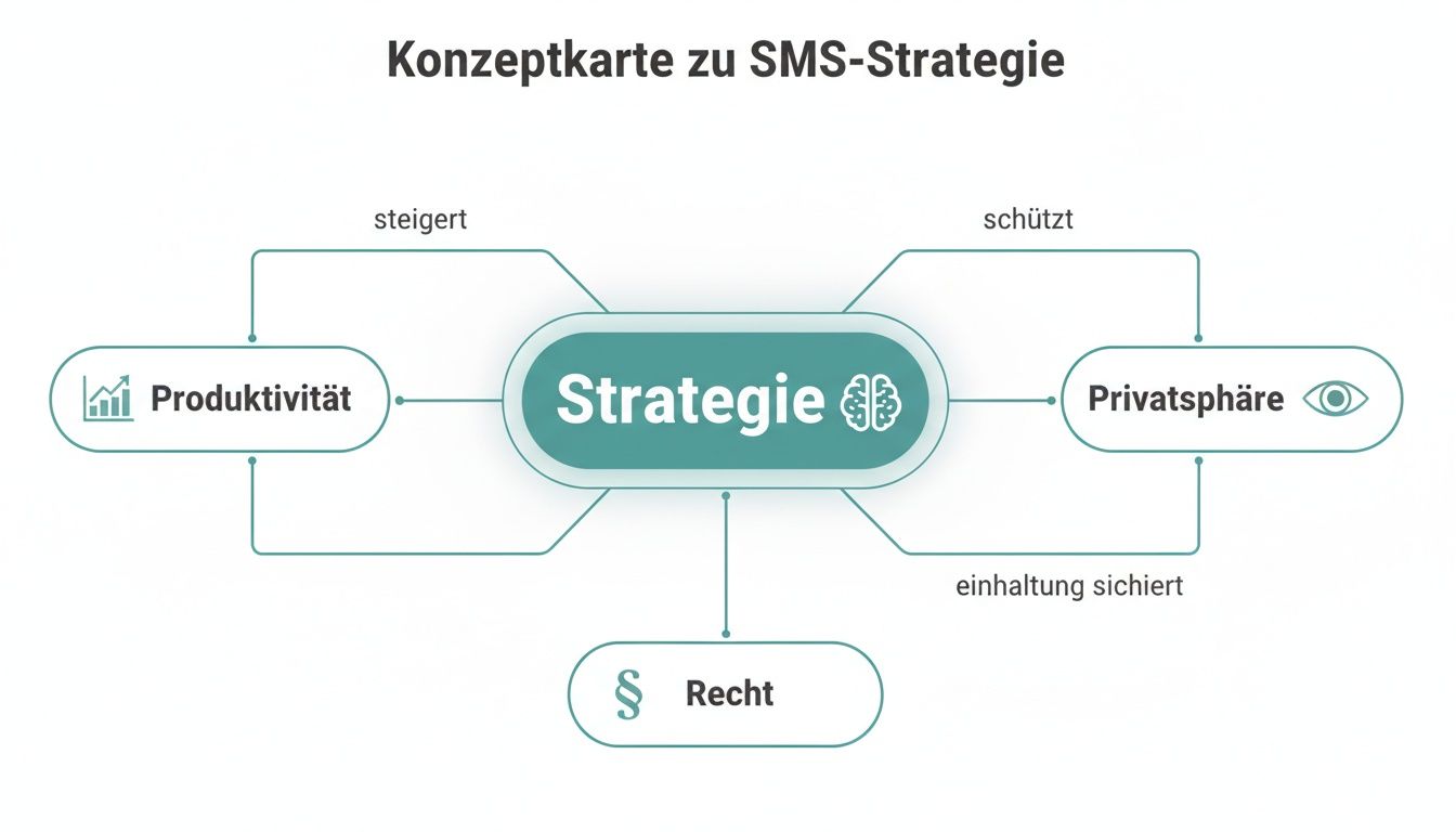 Konzeptkarte zur SMS-Strategie, die Produktivität steigert, Privatsphäre schützt und rechtliche Einhaltung sichert.