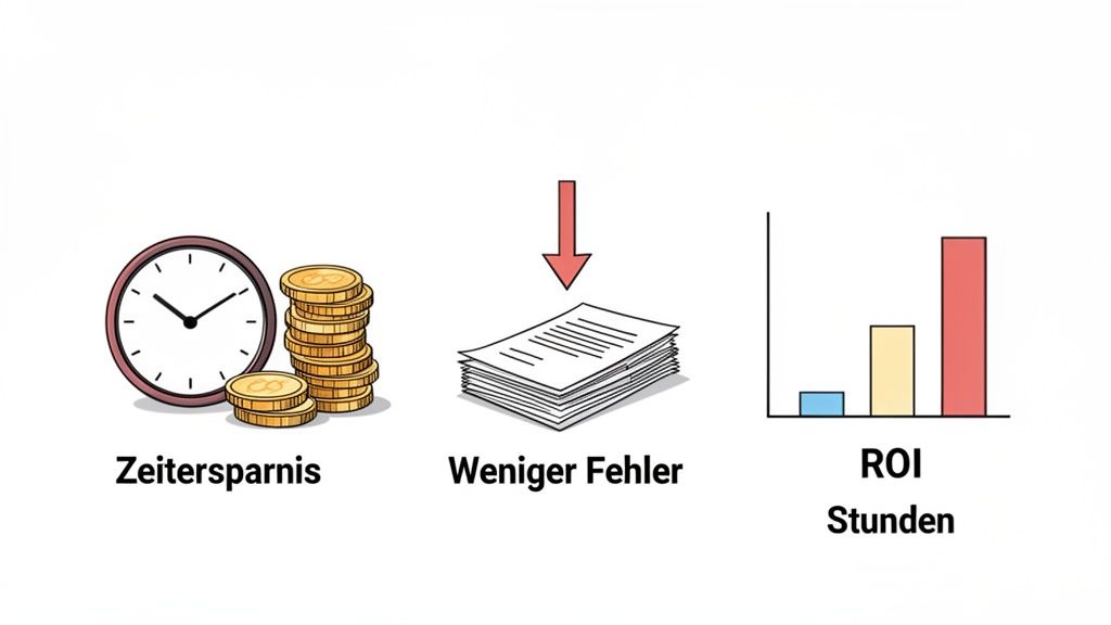 Uhr, Geld und Dokumente symbolisieren Zeitersparnis, weniger Fehler und verbesserten ROI durch Software.