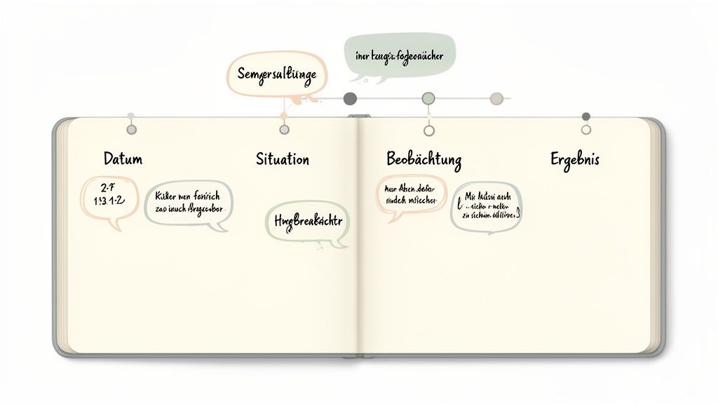Mindmap oder Journalansicht zur Beurteilung, mit Spalten für Datum, Situation, Beobachtung und Ergebnis, illustriert mit handschriftlichen Notizen.