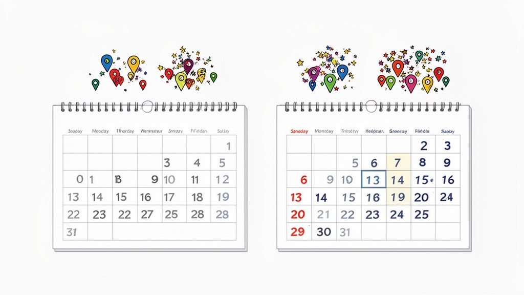 Zwei bunte Kalender mit Datumszahlen und kreativen Symbolen, die Tage und Planungen darstellen.