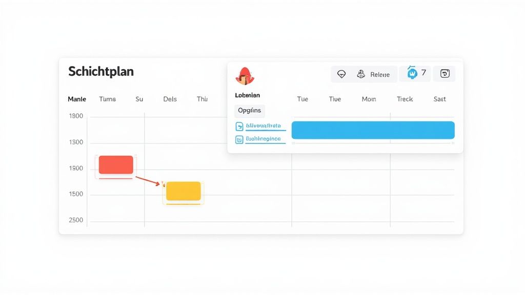 Eine Nahaufnahme eines Excel-Schichtplans, der durch den Einsatz von bedingter Formatierung mit verschiedenen Farben visuell organisiert ist.
