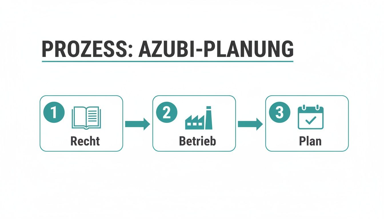 Prozessdiagramm zur Azubi-Planung mit drei Schritten: Recht, Betrieb und Plan, visualisiert mit Icons.