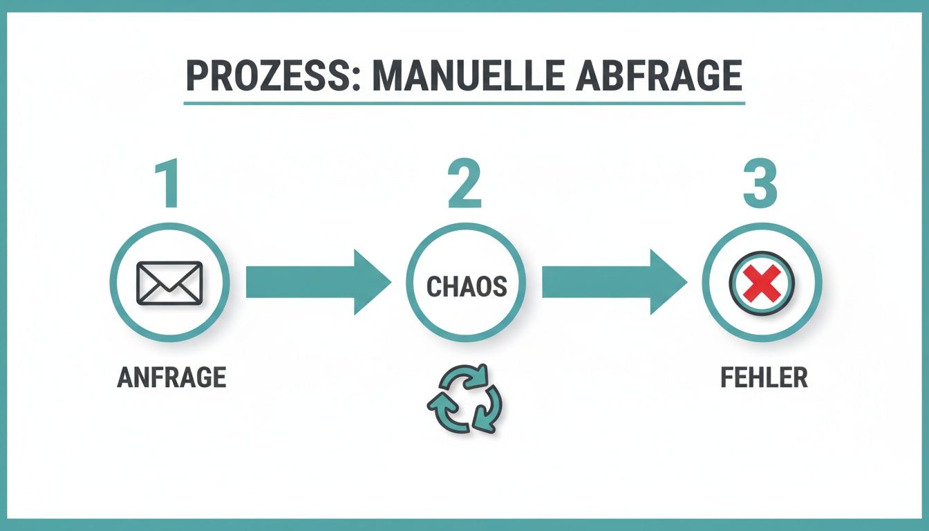 Ein Flussdiagramm illustriert den Prozess der manuellen Abfrage: Eine Anfrage führt zu Chaos und endet mit einem Fehler.