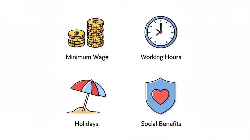 Symbole für Mindestlohn, Arbeitszeiten, Urlaub und Sozialleistungen, die Arbeitsbedingungen darstellen.