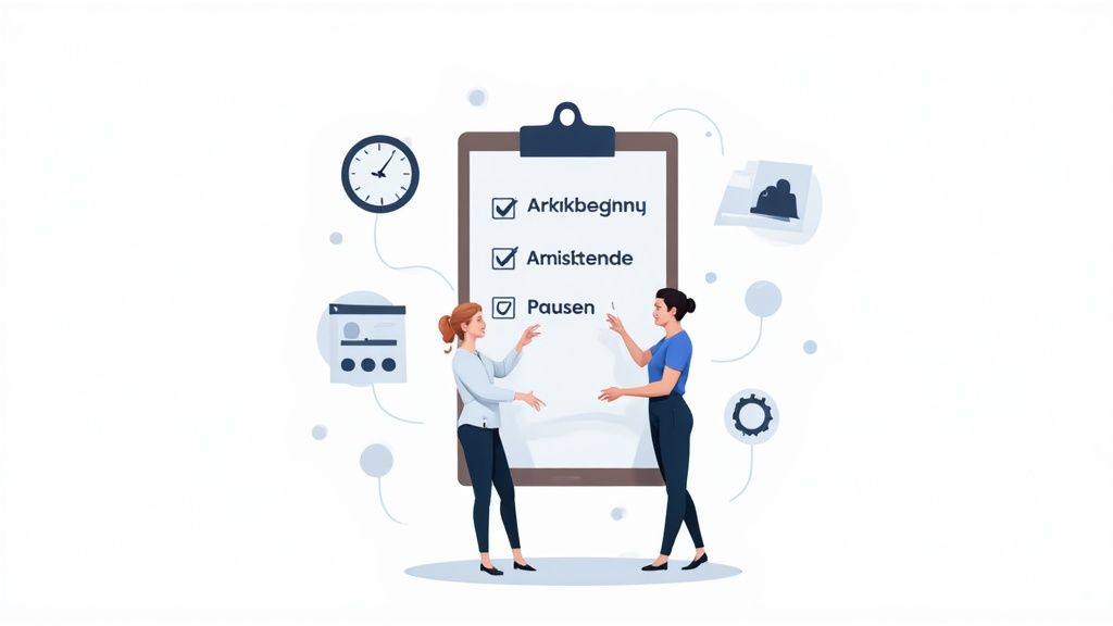 Eine Person überprüft Arbeitszeitdaten auf einem Tablet