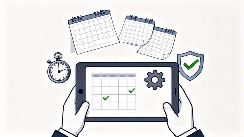 Illustration einer Person, die ein Tablet mit Kalender und erledigten Aufgaben hält, umgeben von weiteren Kalendern, Stoppuhr und Sicherheitsschild.