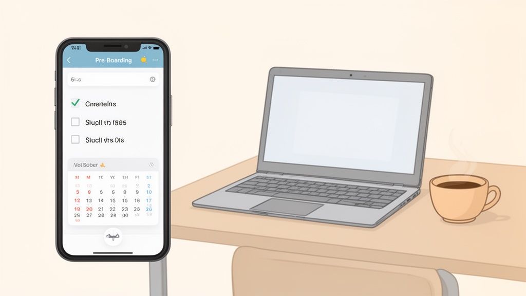 Ein Smartphone zeigt eine Pre-Boarding-App mit Checkliste und Kalender. Daneben ein Laptop und Kaffee.