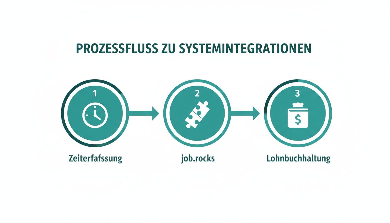 Prozessflussdiagramm von Zeiterfassung über job.rocks zur Lohnbuchhaltung für Systemintegrationen.