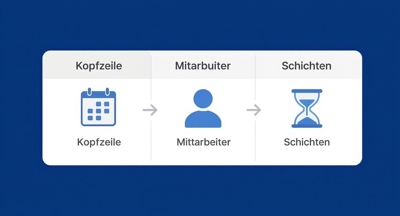 Infografik, die den Prozess der Tabellenstruktur für einen Excel-Schichtplan darstellt, mit Symbolen für Kopfzeile, Mitarbeiter und Schichten.