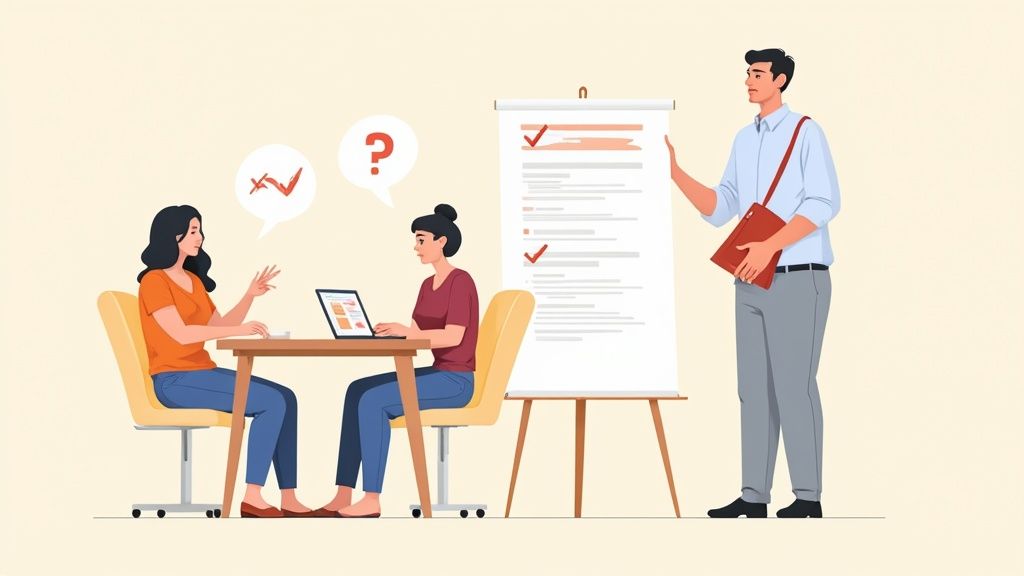 Drei Kollegen diskutieren eine Aufgabenliste mit Haken und Fragezeichen; zwei sitzen am Tisch, einer steht am Flipchart.