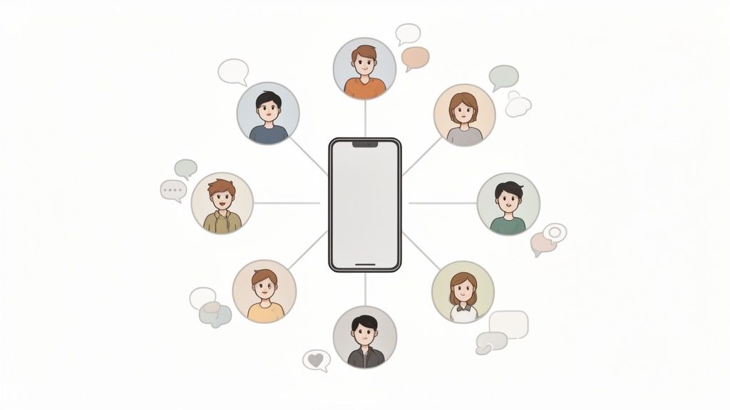 Smartphone in der Mitte, umgeben von Profilbildern verschiedener Personen mit Sprechblasen, die soziale Interaktion und Kommunikation darstellen.