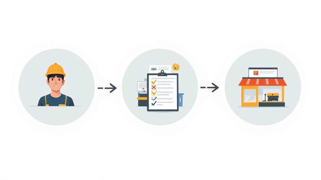 Ein Azubi führt Aufgaben aus, prüft eine Checkliste und schließt ein Projekt für einen Laden ab.