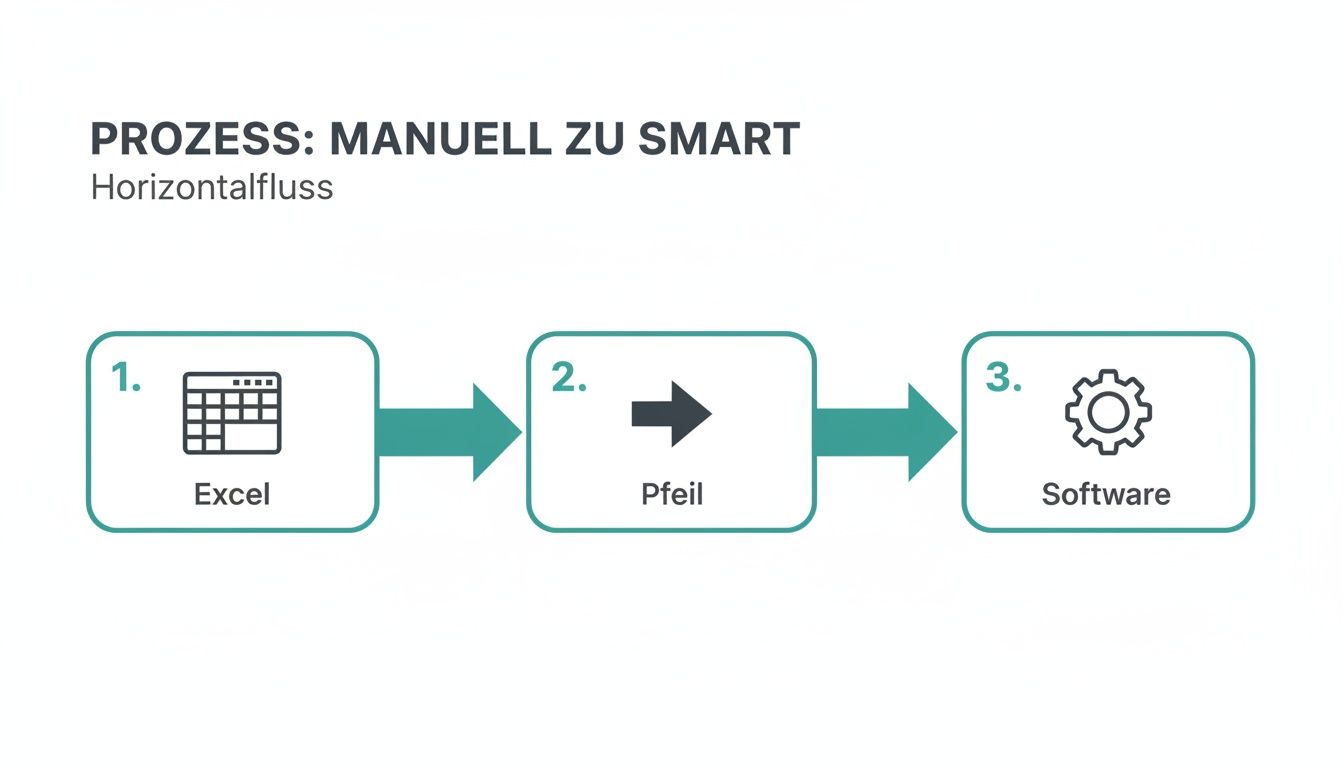 Ein Diagramm, das den Prozess von manueller Excel-Datenerfassung zu smarter Software-Automatisierung als horizontalen Fluss darstellt.