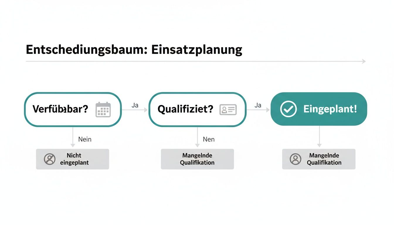 Grafik eines Entscheidungsbaums für Einsatzplanung, der Verfügbarkeit und Qualifikation prüft, um Personal einzuplanen.
