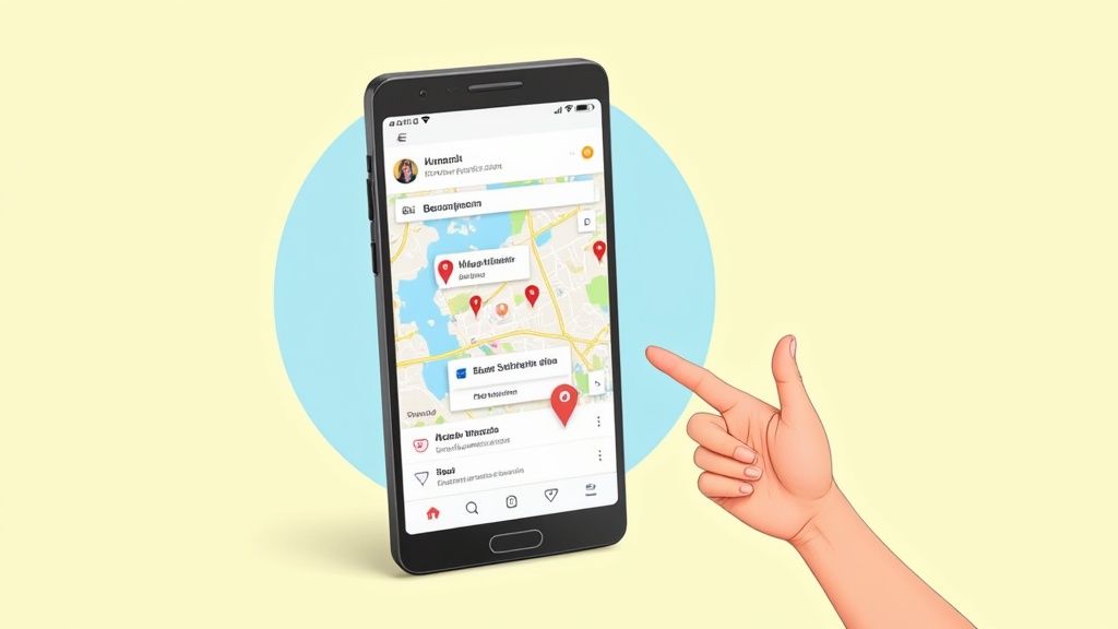 Eine Hand zeigt auf ein Smartphone, das eine Karten-App mit relevanten Standorten für Zeitarbeiter anzeigt.