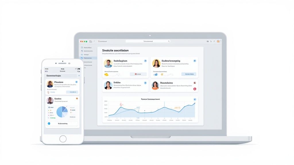 Ein Laptop und ein Smartphone zeigen eine Planungsanwendung für Eventhelfer mit Teamprofilen und Zeitplänen.