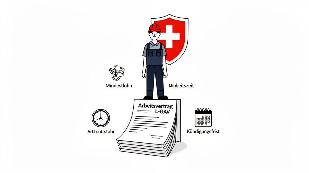Arbeiter auf L-GAV Arbeitsvertrag mit Symbolen für Mindestlohn, Arbeitszeit, Arbeitsstunden, Kündigungsfrist und Schweizer Kreuz.