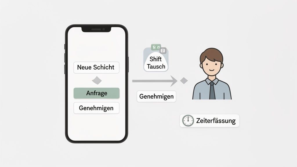 Mobile Einsatzplanung für Arbeitgeber mit Schichtanfragen, Genehmigungen, Schichttausch und Zeiterfassung für Mitarbeiter.