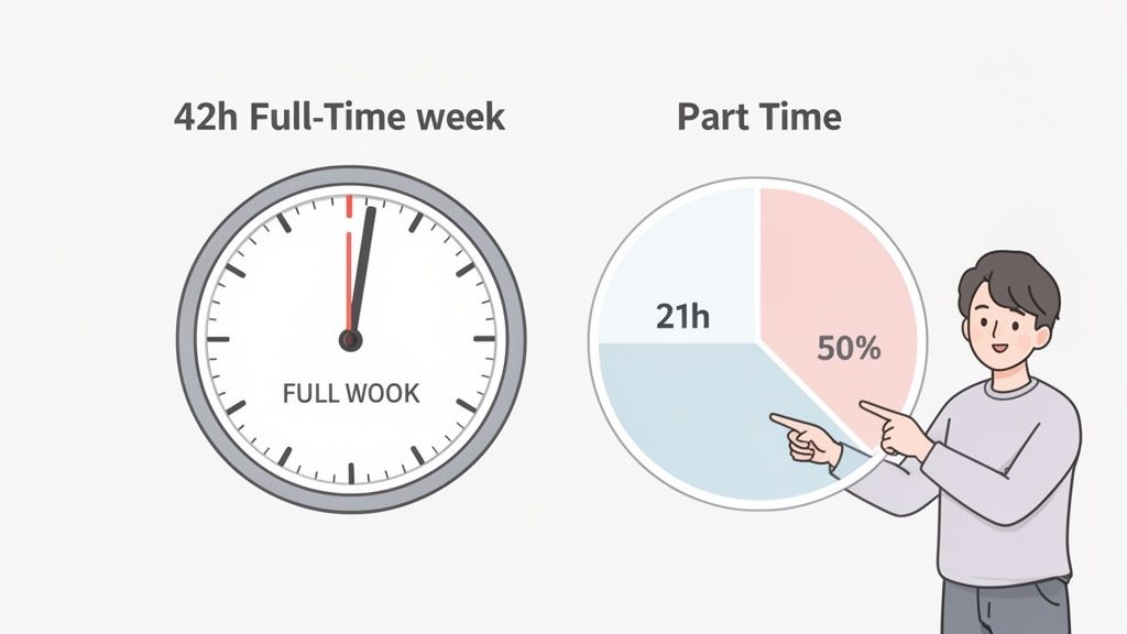 Mann erklärt Teilzeit (21h, 50%) im Vergleich zu einer 42-Stunden-Vollzeitwoche mit Uhr.