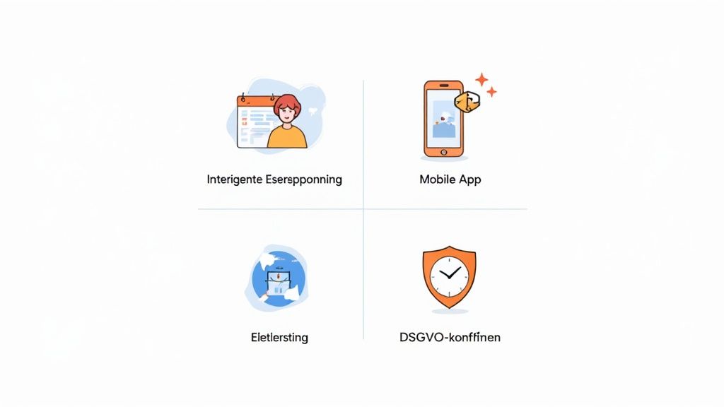 Vier Symbole zeigen intelligente Einsatzplanung, mobile App, digitale Bereitstellung und DSGVO-Konformität.