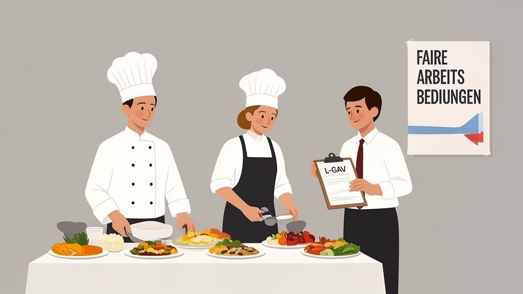 Mitarbeiter in der Gastronomie: zwei Köche und ein Manager mit L-GAV-Dokument, Poster für faire Arbeitsbedingungen.