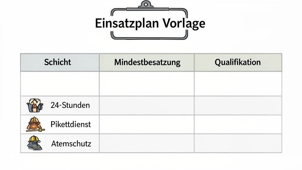 Vorlage für einen Einsatzplan mit Spalten für Schicht, Mindestbesatzung und Qualifikation, relevant für Feuerwehr.