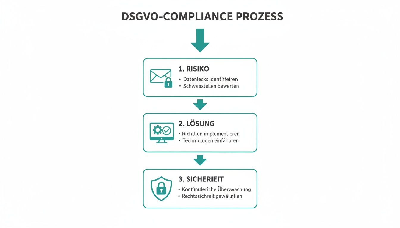 Ein Flussdiagramm zeigt den dreistufigen DSGVO-Compliance-Prozess: Risiko identifizieren, Lösung implementieren und Sicherheit gewährleisten.