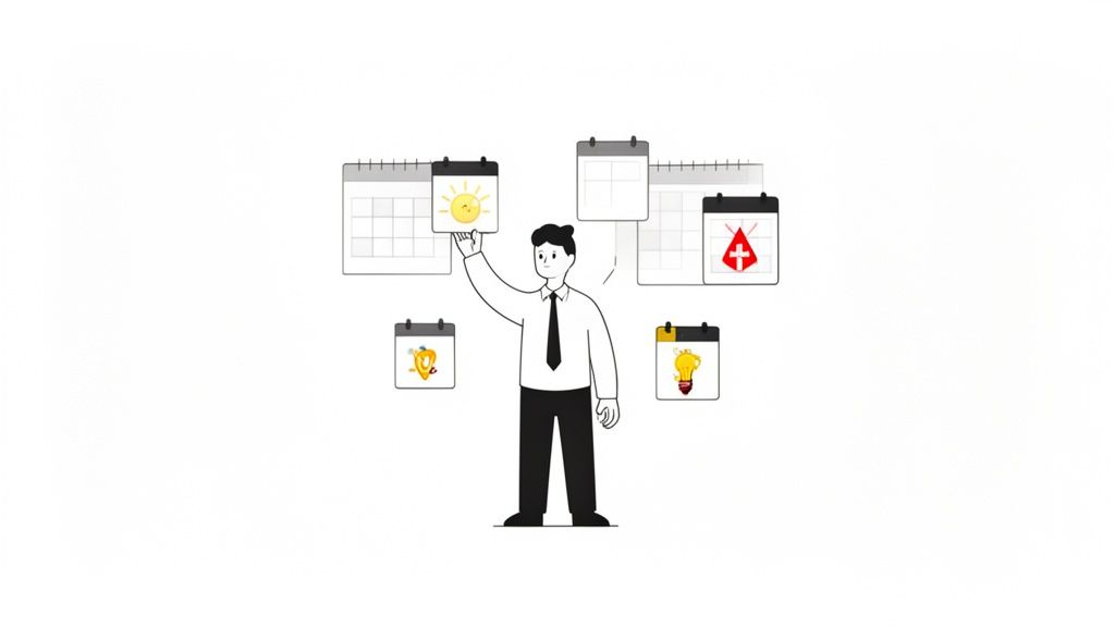 Ein Mann ist von Kalendern mit verschiedenen Symbolen (Sonne, Kreuz, Glühbirne) umgeben, die Termin- oder Aufgabenplanung symbolisieren.