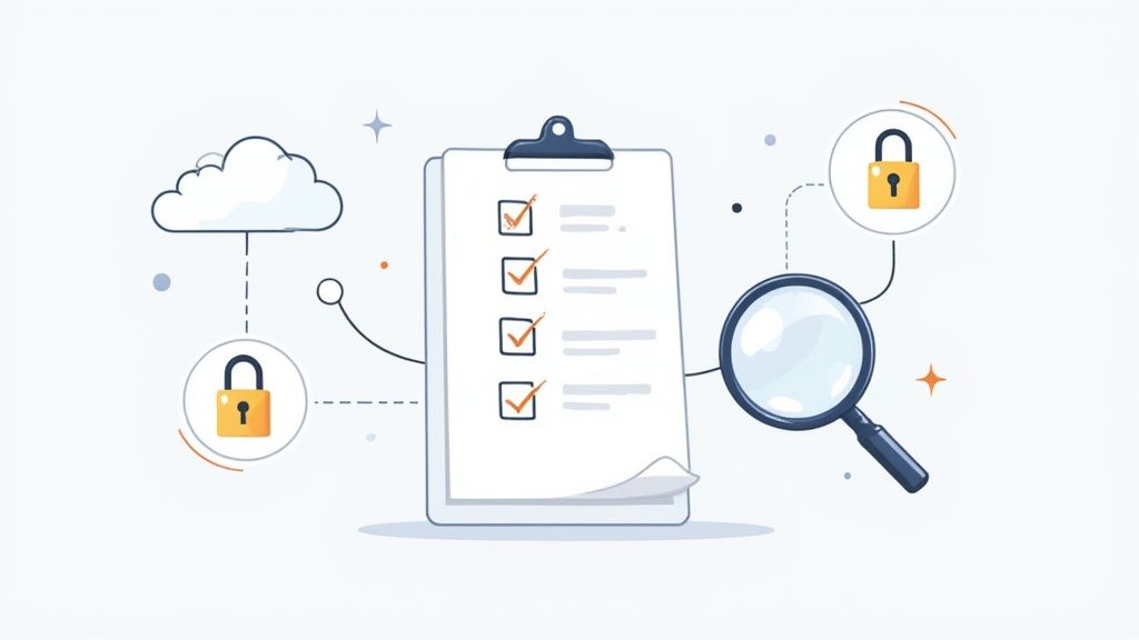 Compliance-Checkliste mit Sicherheitsschlössern, Lupe und Cloud-Verbindung für sichere Datenverwaltung