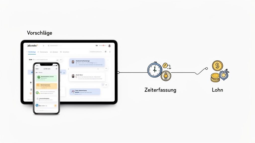 Digitale Einsatzplanung auf Tablet und Smartphone mit Zeiterfassung und Lohnabrechnung.
