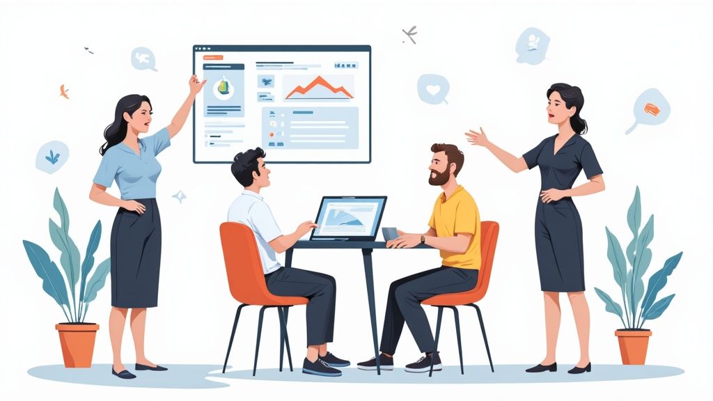 Vier Personen arbeiten gemeinsam an einem Projekt mit einem Laptop und einer großen Präsentationswand, die Daten und Diagramme zeigt.