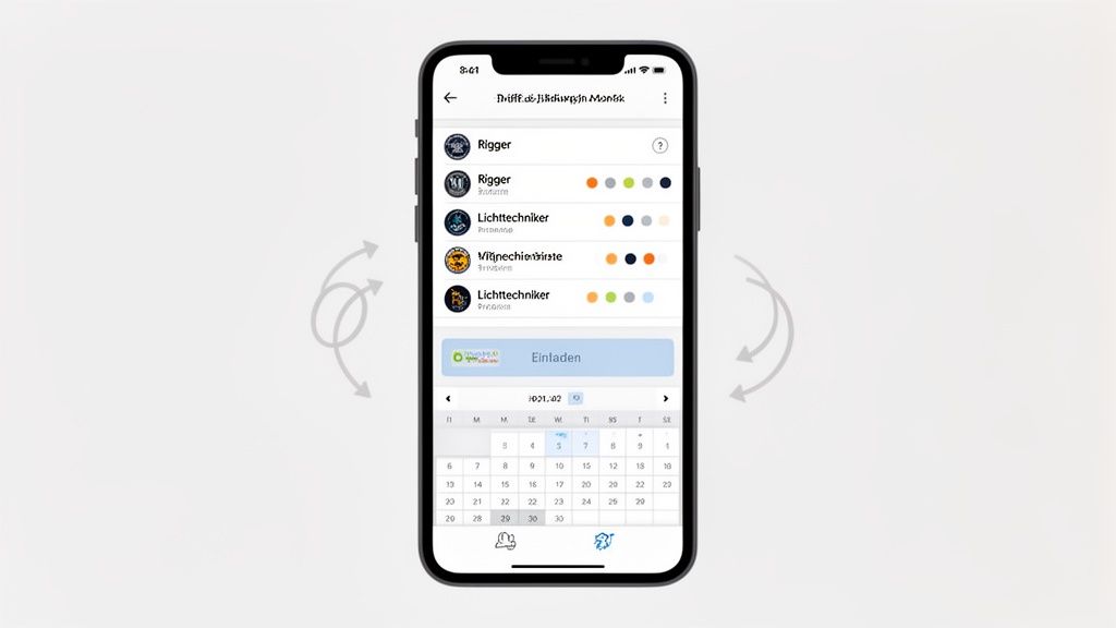 Smartphone-App zur Veranstaltungsplanung mit einer Liste von Rollen, Kalender und Einladefunktion.