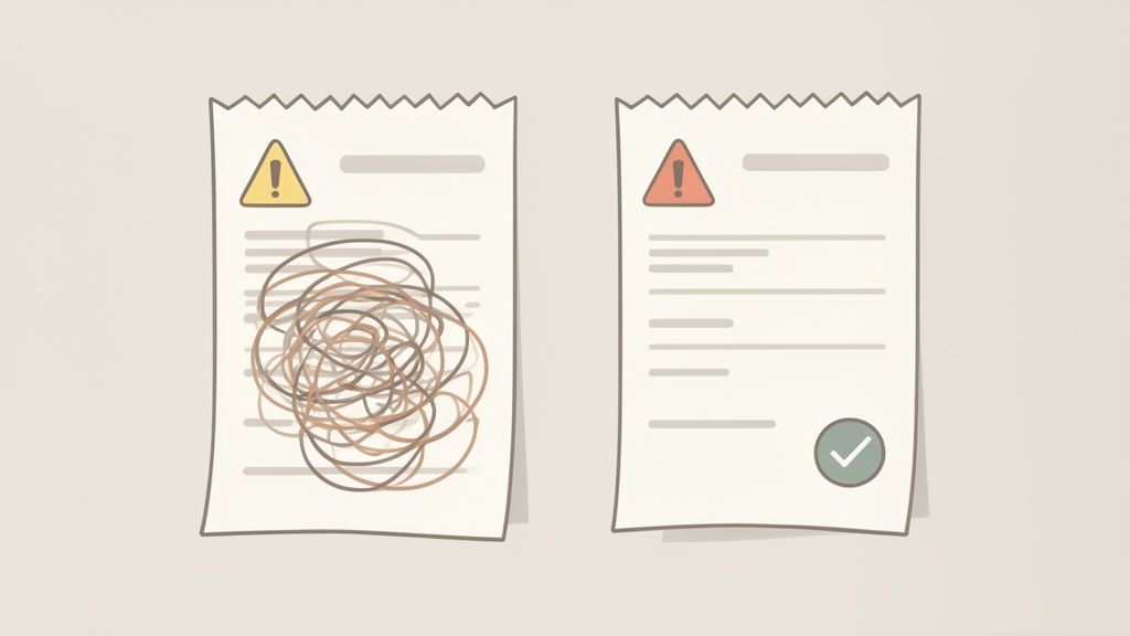 Zwei Dokumente: links unübersichtlich und verworren mit Warnsymbol, rechts klar strukturiert mit Warnsymbol und Häkchen.