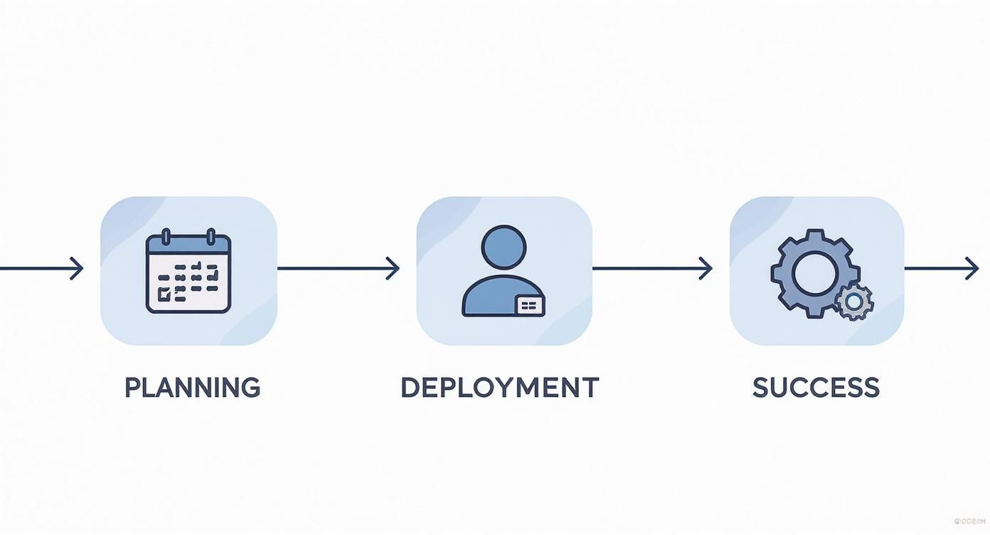 Ein Prozessablauf: Planung (Kalender), Bereitstellung (Personensymbol) und Erfolg (Zahnräder) in einer Reihe.