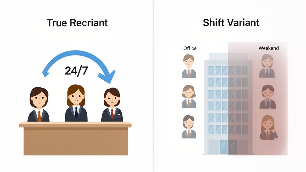 Darstellung von Schichtmodellen: 'True Recriant' impliziert 24/7-Verfügbarkeit; 'Shift Variant' zeigt verschiedene Teams für Büro und Wochenende.