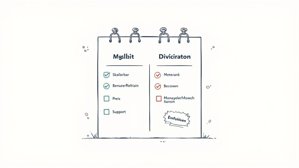 Ein gezeichnetes Notizbuch zeigt einen Vergleich zwischen Mg:lbit und Diviciraton mit Haken und Kästchen.