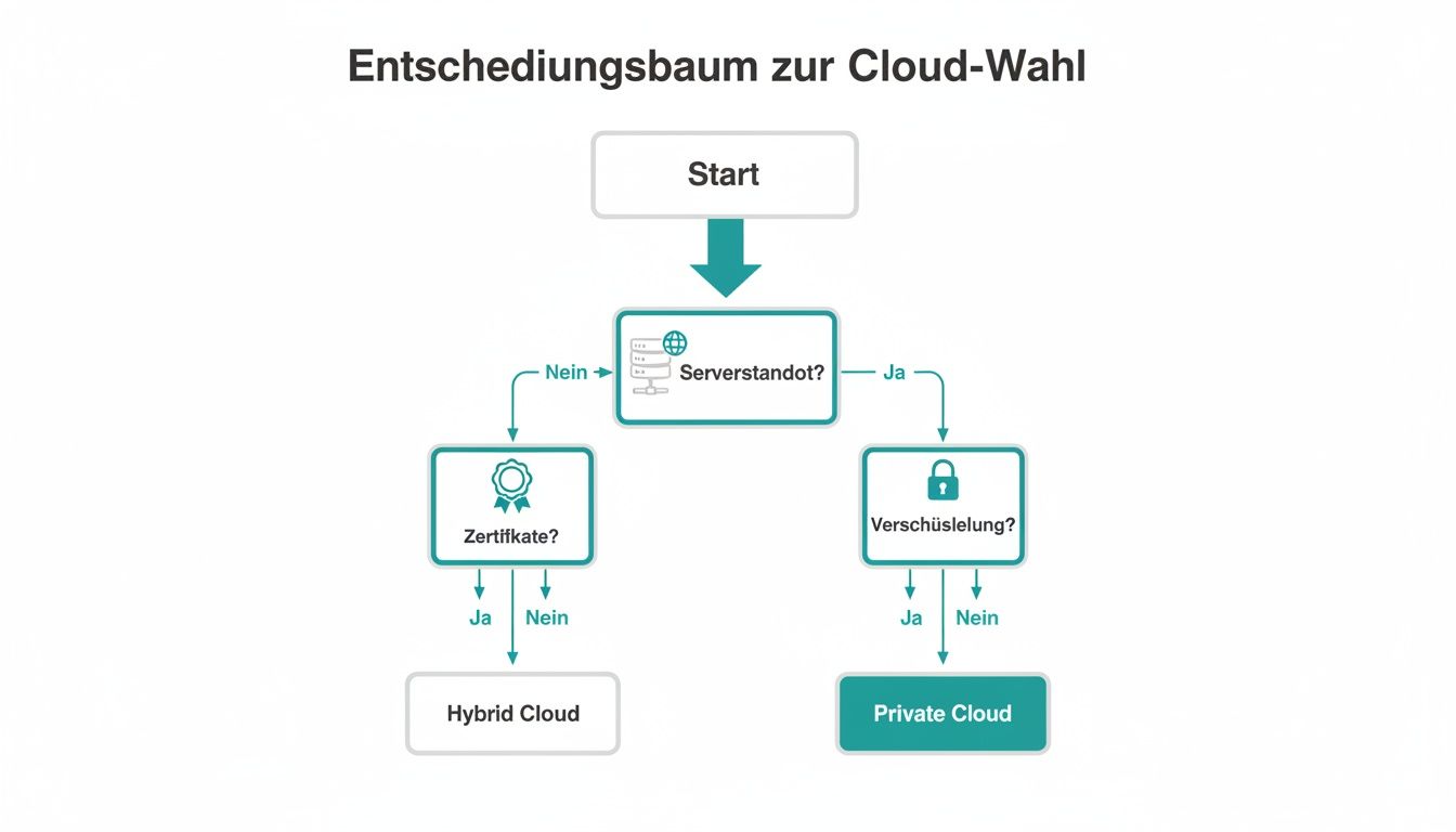 Entscheidungsbaum zur Cloud-Wahl, der Schritte wie Serverstandort, Zertifikate und Verschlüsselung berücksichtigt, um die passende Cloud-Lösung zu finden.