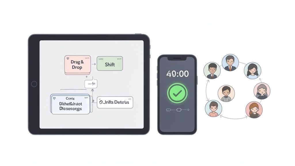 Digitale HR-Tools: Tablet mit Flussdiagramm, Smartphone-Timer und vernetzte Mitarbeiter-Netzwerk.