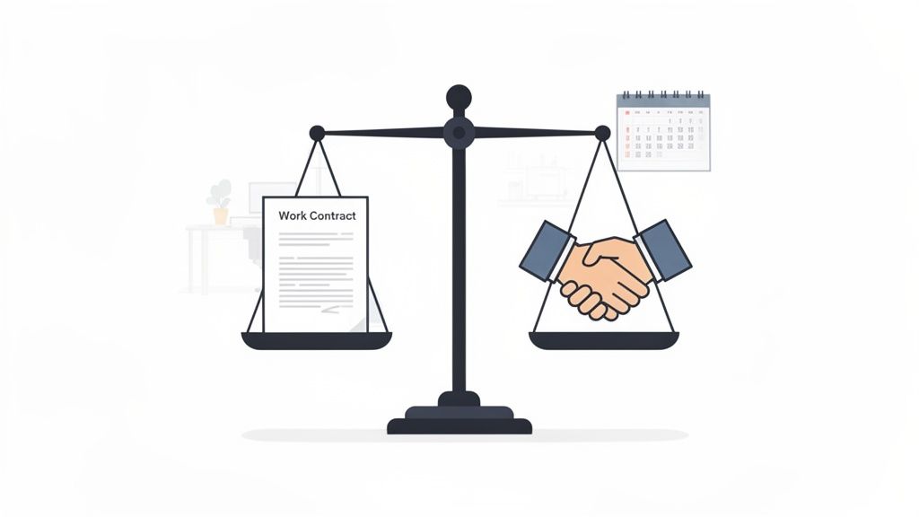 Eine Waage zeigt einen Arbeitsvertrag auf der einen und einen Handschlag auf der anderen Seite, was Ausgleich und Vereinbarung symbolisiert.