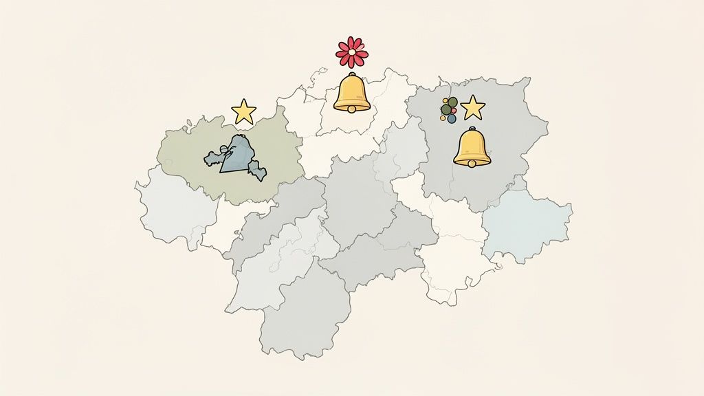 Karte mit stilisierten Regionen und verschiedenen Symbolen wie Glocken, Sternen und einem blauen Wesen.