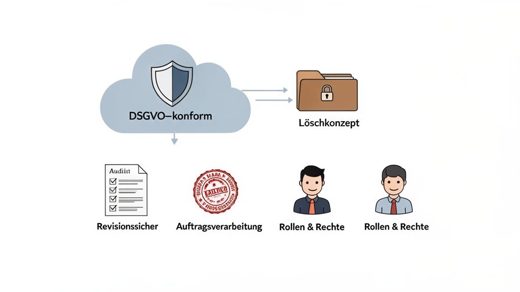 Diagramm zeigt DSGVO-konforme Cloud, Löschkonzept, Revisionssicherheit, Auftragsverarbeitung sowie Rollen und Rechte.
