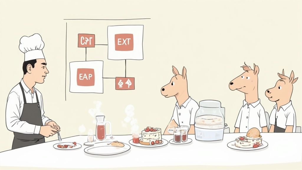 Koch zeigt drei tierischen Gästen Süßspeisen während einer Vorführung, mit Schema an der Wand.