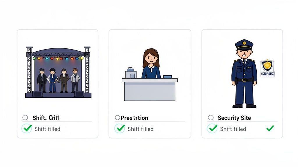 Drei Karten zeigen erfolgreich besetzte Schichten in verschiedenen Arbeitsumgebungen, darunter Konzert, Empfang und Sicherheit.
